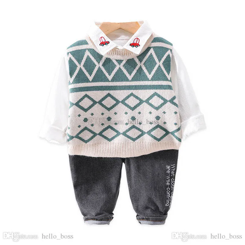 Boys Clothing Sets Kids Suits Children Baby Clothes Spring Autumn Long Sleeve Casual Shirts Sweater Vest Jeans B7788