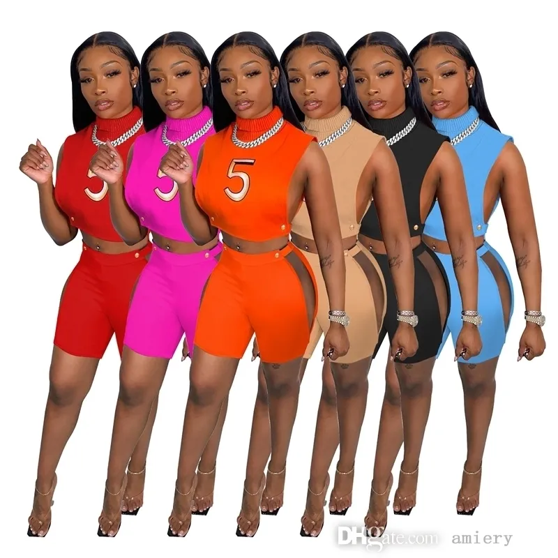 Womens Short Tracksuits Summer Digital Embroidered High Neck Vest And Shorts Two Piece Set Sexy Hollow Out Nightclub Outfits