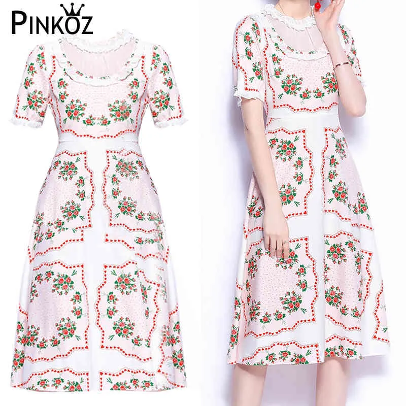 Französisches Vintage-Designer-elegantes florales Pingted-Kleid für Frauen, Patchwork, gerüschte Kurzarm-Túnicas Mujer, rosa Robe 210421