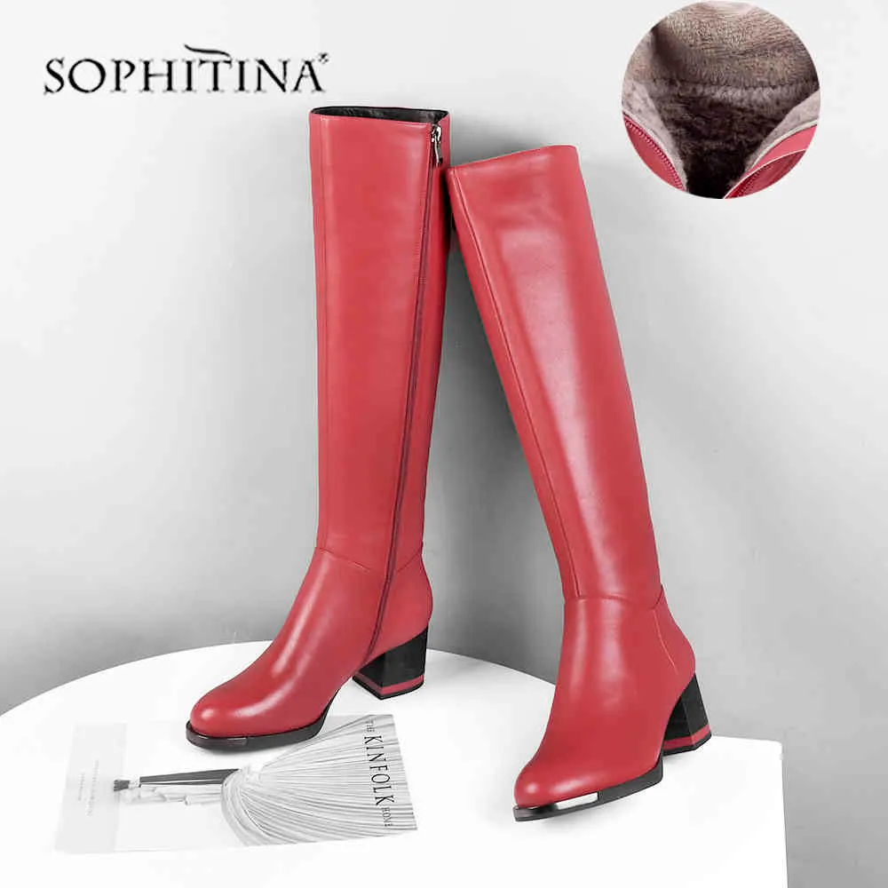 Sophitinaファッションカラーデザインブーツ高品質牛革特殊スクエアヒールラウンドトゥファッションシューズ女性ブーツSC478 210513