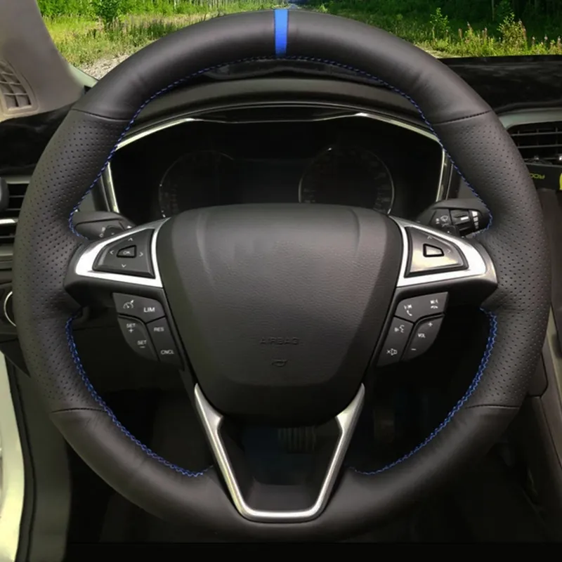 フォードMondeo Fusion Edge 2013-2020 Galaxy 2016-2020 S-MAX 2012-2020のためのカーステアリングホイールカバーソフトブラック純正レザー