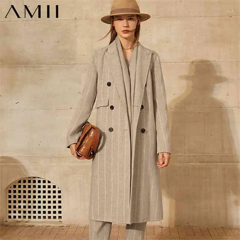 Minimalism Vinter Mode Kvinnors Coat Olstyle Stripe Lapel Dubbelbröst Aline Loose Woolen Kvinna Jacka 12030372 210527