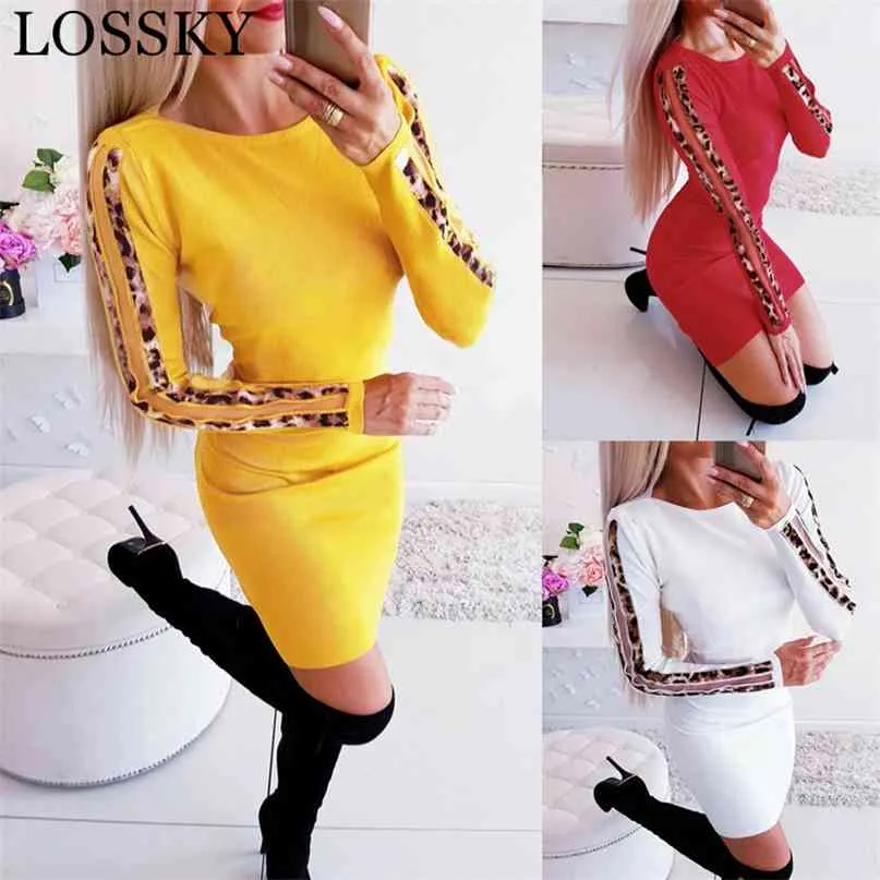 Kobiety Dziana Jesień Zima Bodycon Elegancki Party Dress Casual Lamparta Mesh Patchwork Z Długim Rękawem Slim Mini Dla Streetwear 210507