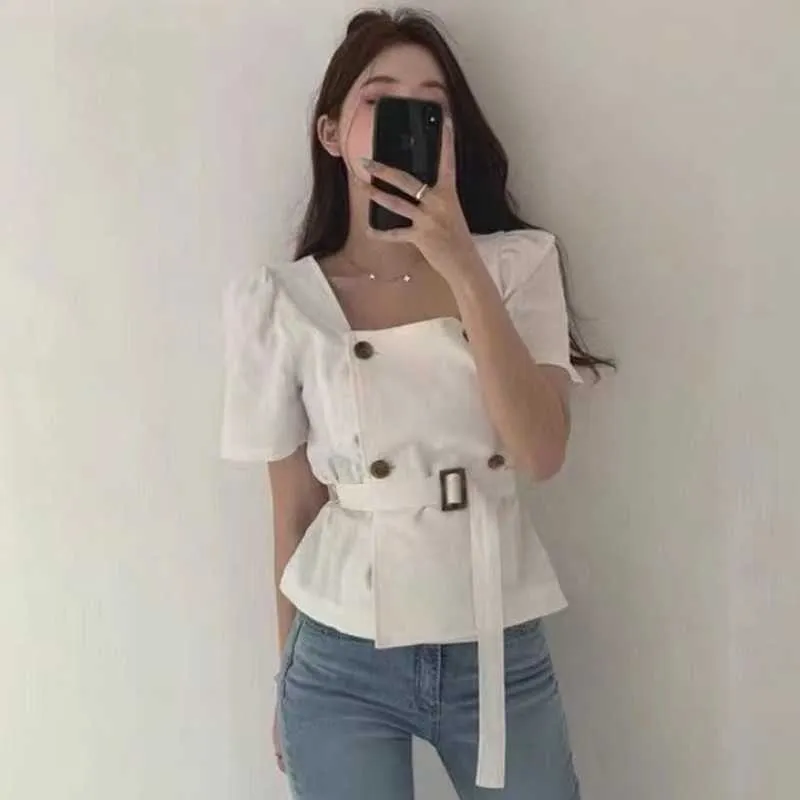 Sexy Koeran Chic Elegante Wild White Square Collar Camicie doppio petto Donna Vita sottile Lace Up Summer Top Camicetta nera 210610