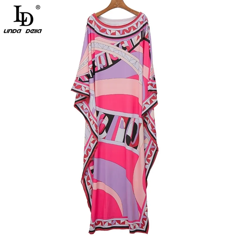 Sommar mode Bohemian Print Dress Designer Kvinnor O-Neck Batwing Sleeve Loose Ladies Golvlängd 210522