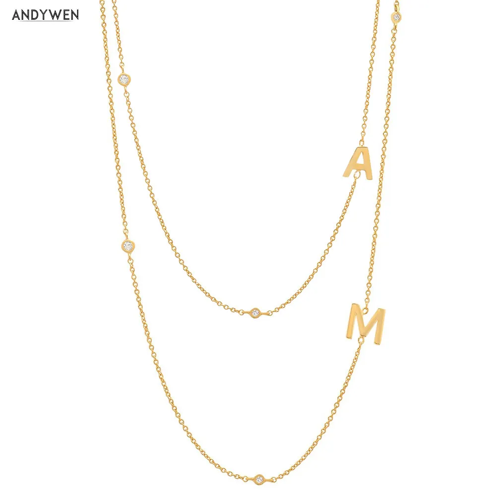ANDYWEN 925 Sterling Silver Gold Plain Pendant Choker Charm Initial A M Necklace 26 Letter Women Fine Jewelry Alphabet