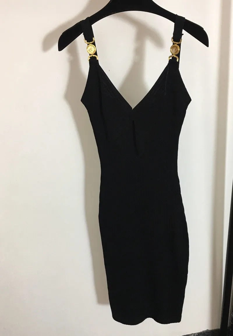 Sexy Women Runway Dresses V Neck Sleeveless Knit Slim Dress High Quality Female Gold Button Long Milan Party Clothing MY1