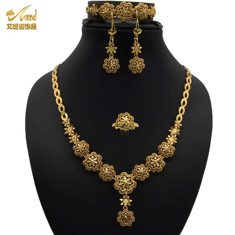 ANIID Bridal Jewelery Sets Indian Necklace Earrings For Womens Gold Rings African Bracelet Accessories Wedding Bridesmaid Gift H1022