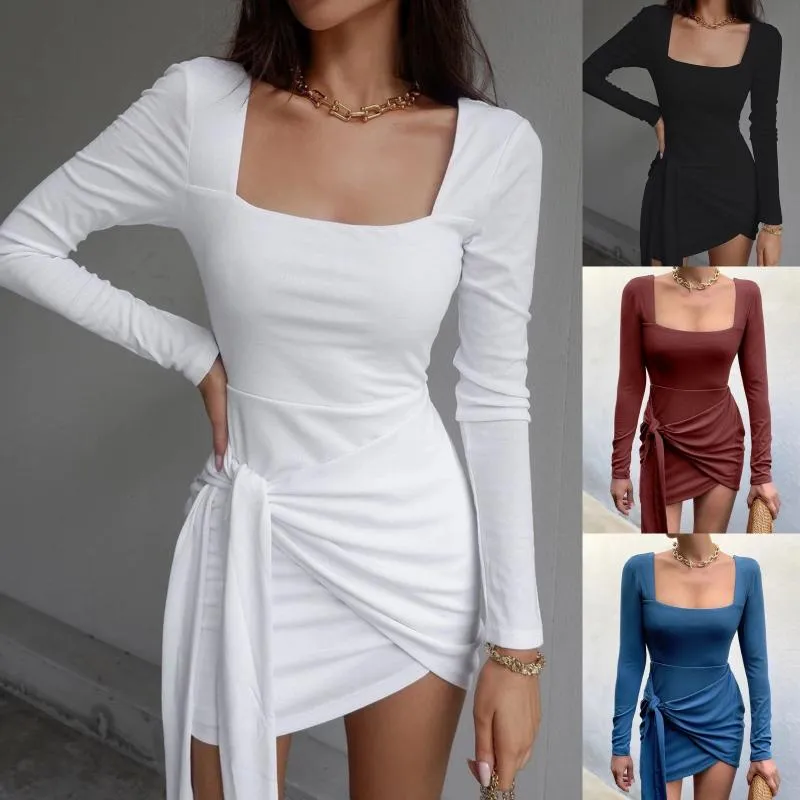 Casual Dresses 2021ins Women's Long Sleeve U fyrkantig hals oregelbunden snörning Slim Pure Color Mid-to-kort klänning vit