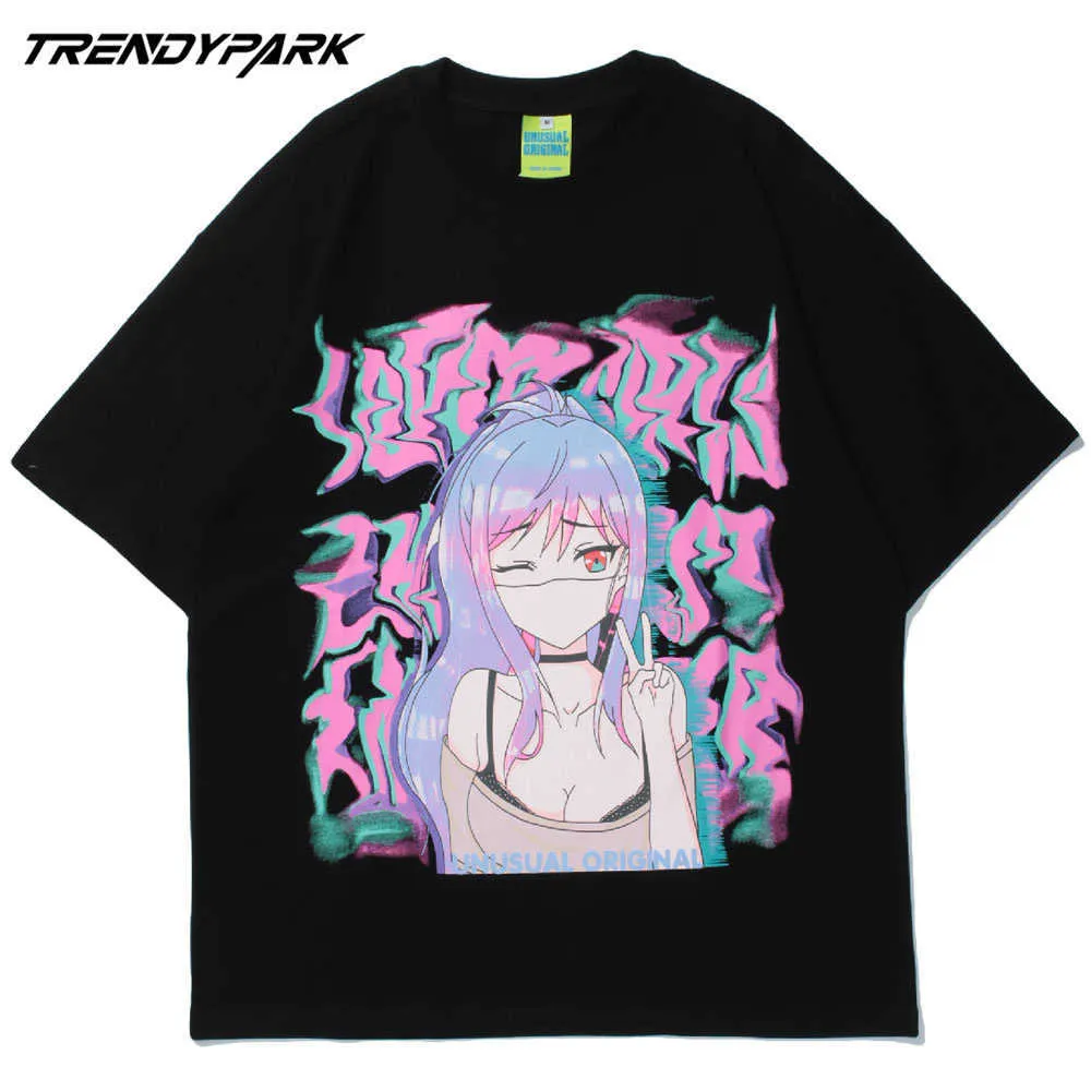 T-shirt pour hommes Anime Girl Imprimé Summer Manches courtes Hip Hop Coton surdimensionné Casual Harajuku Streetwear Top Tee Femmes T-shirts 210601