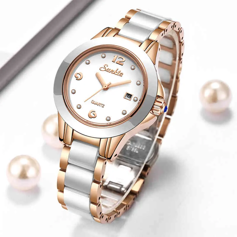 Lige Marka Sunkta Women Watch 2020 Moda Damska Ceramiczna Wrist Watch Kobiety Sukienka Zegarki Ze Stali Nierdzewnej Wodoodporna Zegar Data Q0524