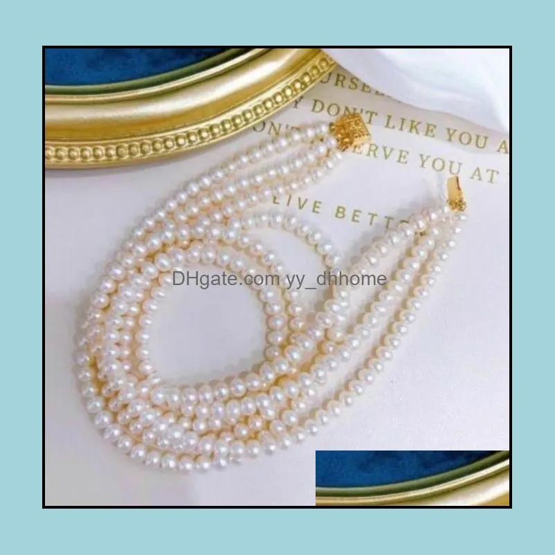 7-8mm White Triple Strands Natural Pearl Beaded Necklace 18-20inch Women`s Gift Bridal Jewelry