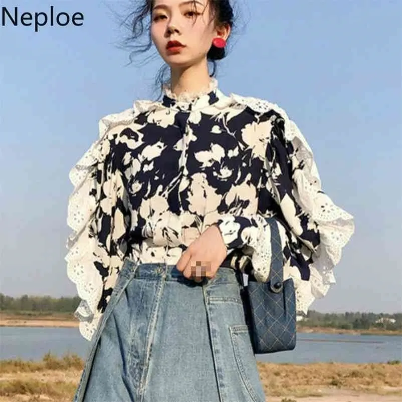 Camicie da donna patchwork in pizzo fungo colletto alla coreana camicette a maniche lunghe moda scava fuori top femminili 49696 210422