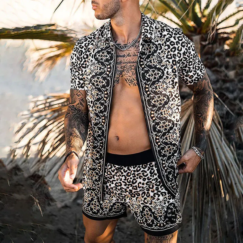 Herren-Trainingsanzüge mit Leopardenmuster, passende Badehose, Hemden, hawaiianisches Herren-Set, kurzer lässiger Strand-Zweiteiler, Hawaii-Hemd und kurzer Sommer-Trainingsanzug in Übergröße 3XL