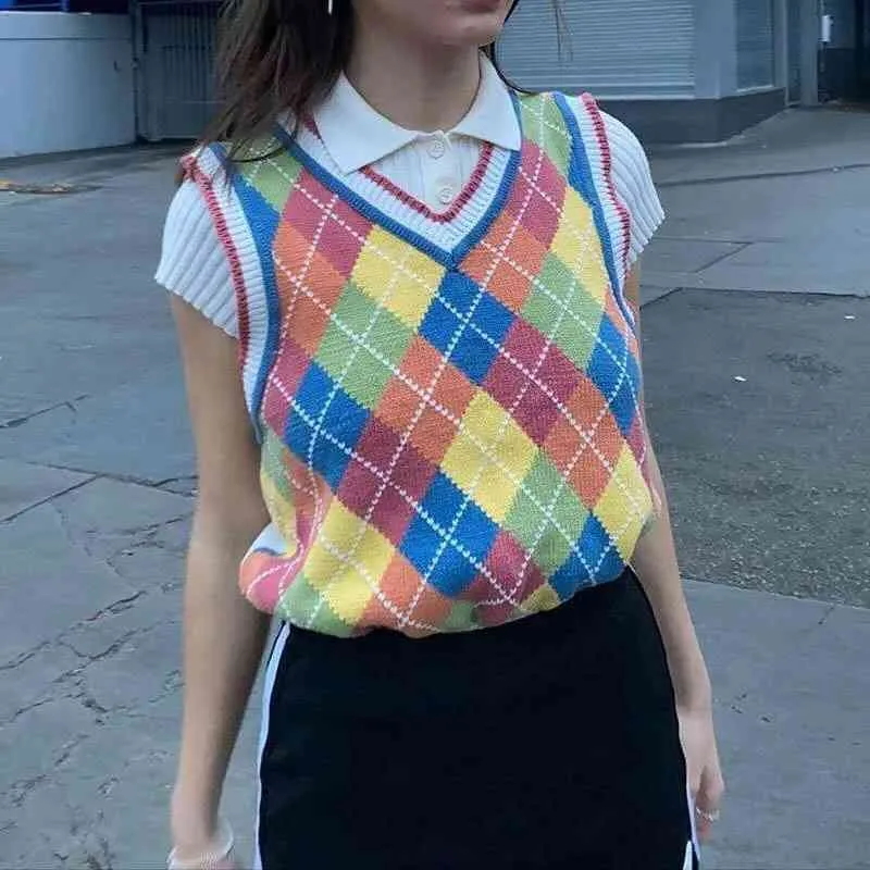 Save Big on Bulk Women's Rainbow Argyle Knitted Sleeveless V Neck Sweater  Vest For Casual Street Style Best Deals on DHgate