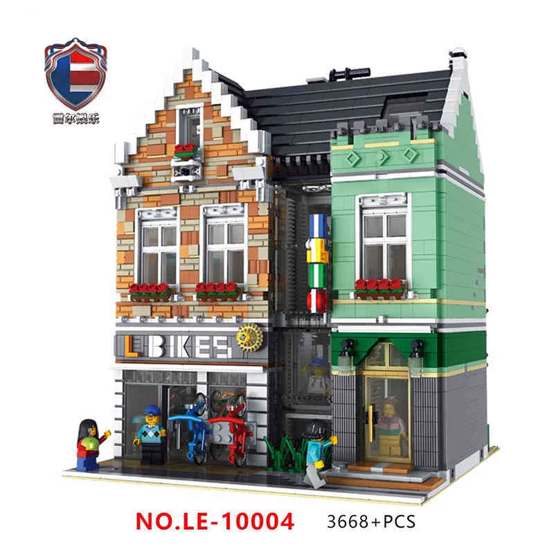 Creative Bike Shop Street View Series Leer High-Tech 10004 Barnens pedagogiska Småpartikelmontering Leksaker 3668PCS X0503