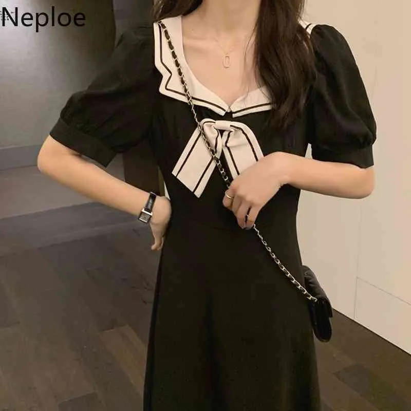 Neploe Kobiety Puff Krótki Rękaw Sukienka Square Collar Preppy Student Bow Summer Slim Midi Vestidos Eleganckie Japońskie Słodkie sukienki 210422