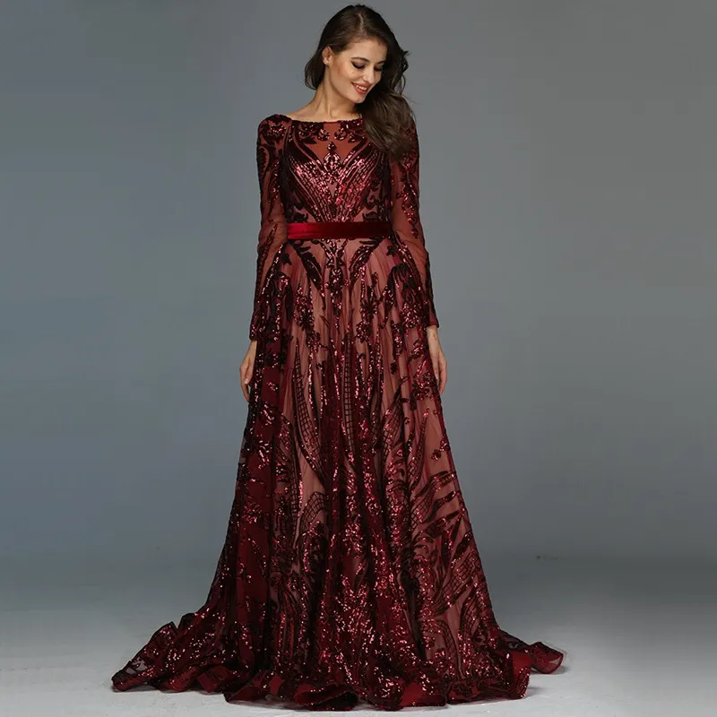 Bury Glitter Sequined Evening Dresses A Line Arabic Dubai Moroccan Kaftan Women Formal Party Gowns Long Sleeves Prom Dress Special Ocn