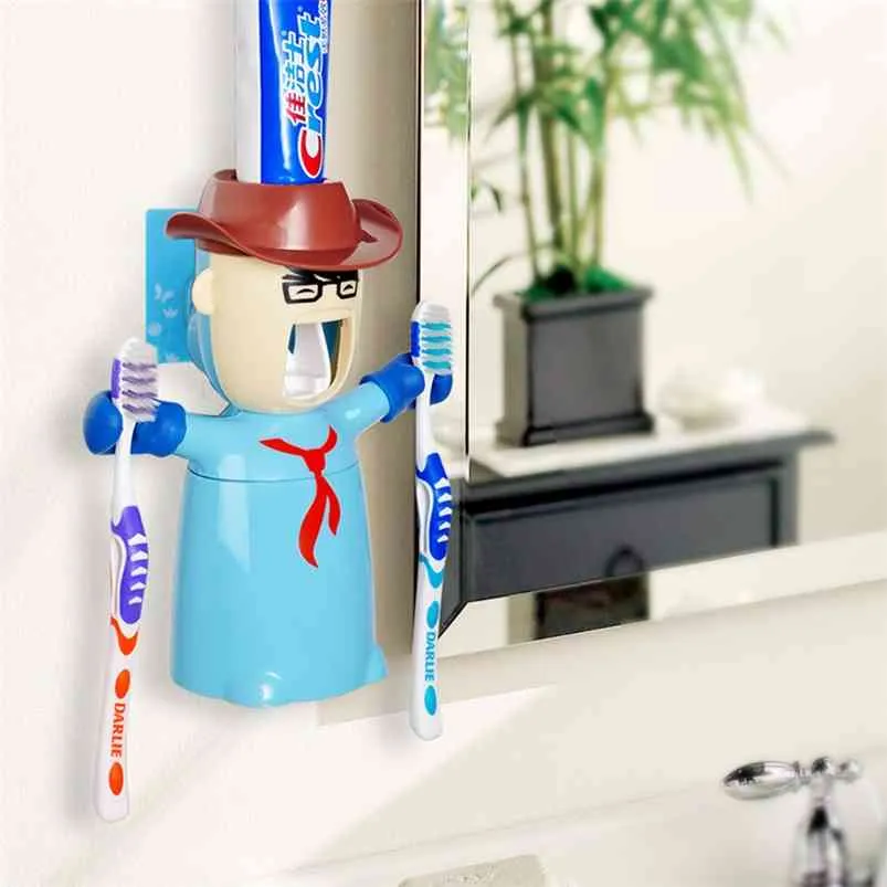 Plastic Automatic Toothpaste Dispenser Set Cartoon Traceless Kids Toothbrush Holder Bathroom Accessory Lazy 210423