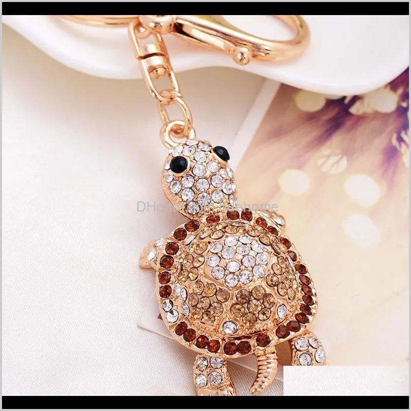 fashion cute turtle tortoise shape car keychain handbags rhinestone crystal animal metal pendant accessories key rings gift