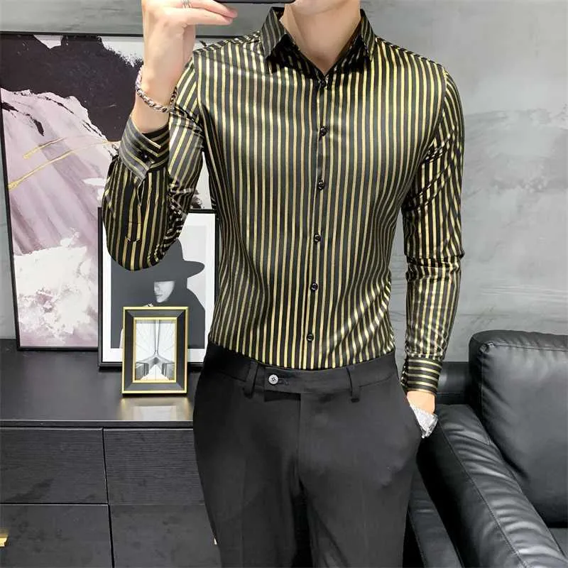 Goud Gestreepte Mannen Shirts Lange Mouw Chemise Homme Luxe Jurk Shirt Night Club Social Party Mannen Kleding Camisa Masculina 210527