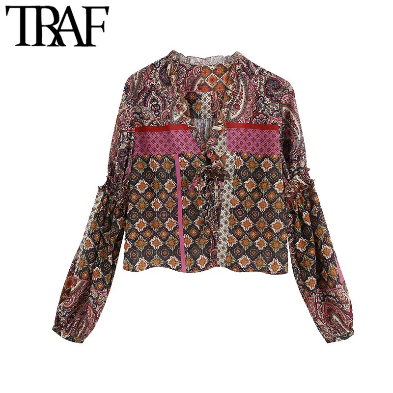Traf Women Fashion Paisley Print Ruffles Bluzki Vintage wiązane v szyja Długie rękawe żeńskie koszule Blusas Chic Tops 210415