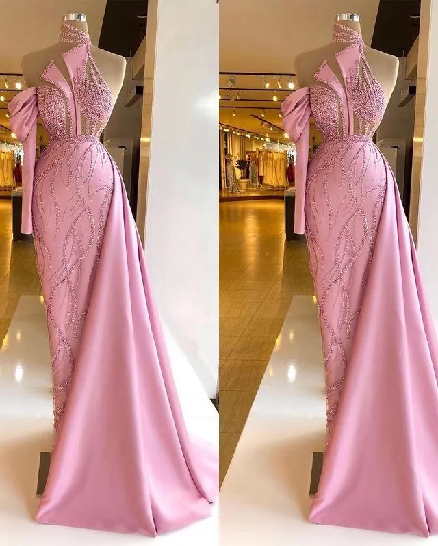 Taille rose dentelle plus arabe Aso Ebi élégant luxueux sexy robes de bal perlées col haut soirée formelle fête deuxième réception robes robe 2022