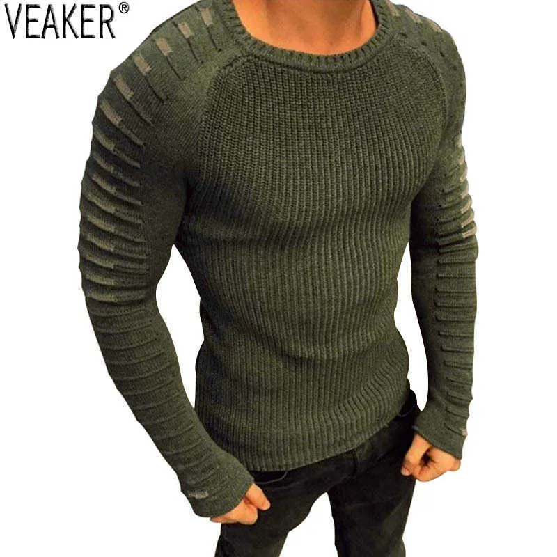 2019 New Men s Sexy Sweater Pullover Male Autumn Casual Round Neck Knitted Sweaters Pullovers Slim Fit Pleated Sweater Knitwear Y0907