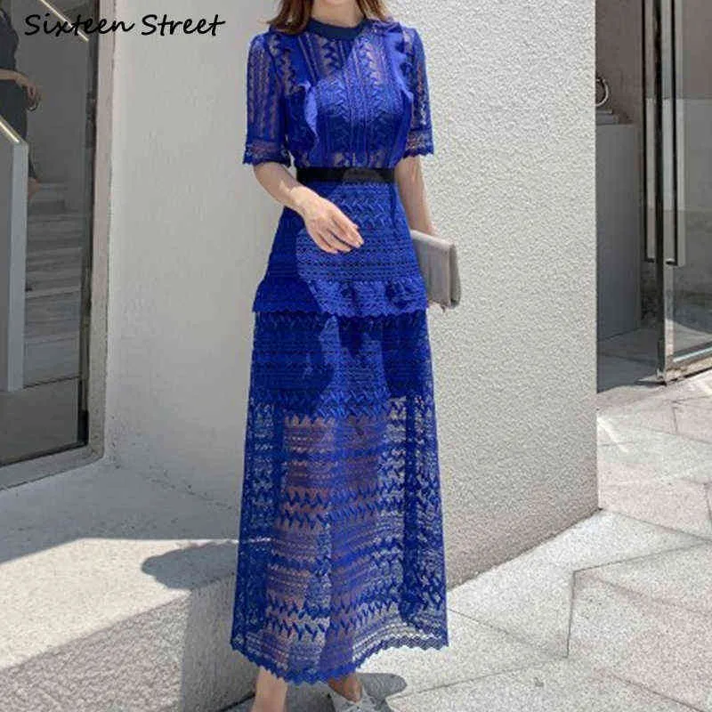 Dark Blue Lace Dress Woman High Waisted Short-sleeve Bodycon Dress Female Round Neck Hollow Out Runway Long Party Dresses Y1204