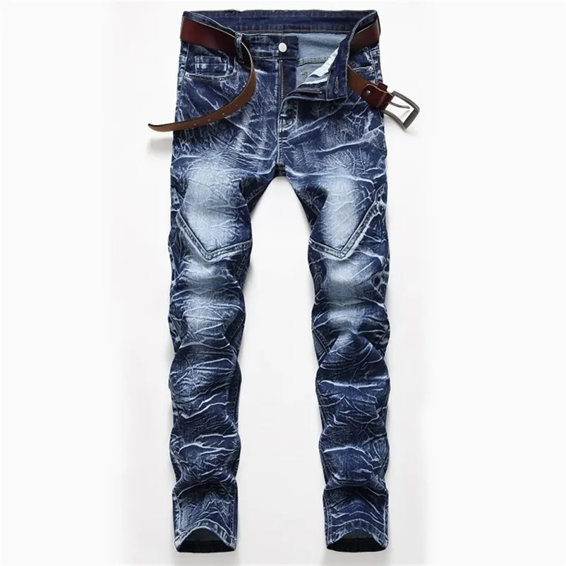 Sneeuw gewassen patchwork heren rechte elastische jeans plus size vintage patch slanke denim jeans lange witte katoen mannen jean broek 211120