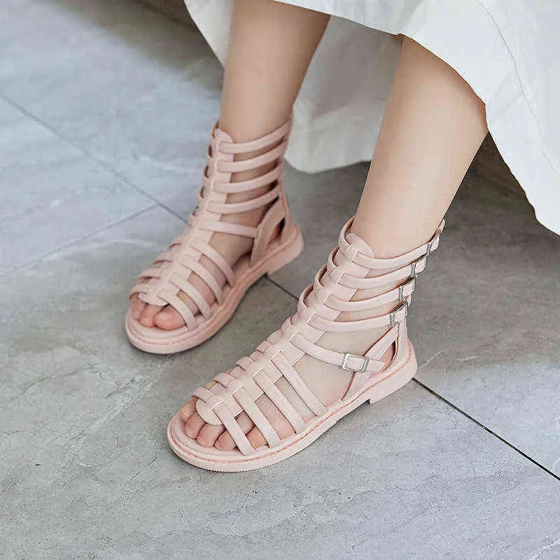 New Girls Sandals Kids Girls Roman Shoes Big Children's Long Tube Sandals Roman Sandals Princess Shoes Black Pink Beige G220307