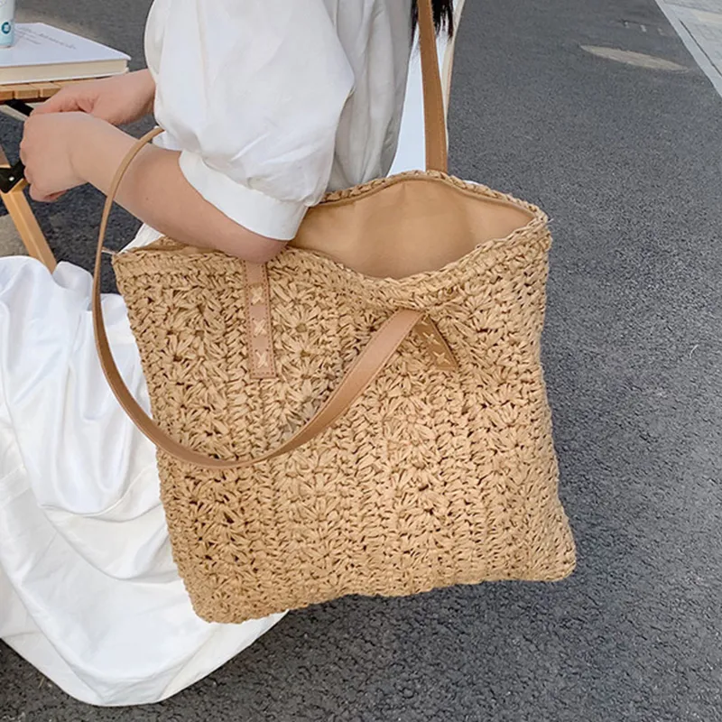 Kvadrat Hollow Straw Beach Bag handgjorda vävda axelväskor Raffia Rattan Shopping Travel Pack Bohemian Summer Vacation Casual Tote