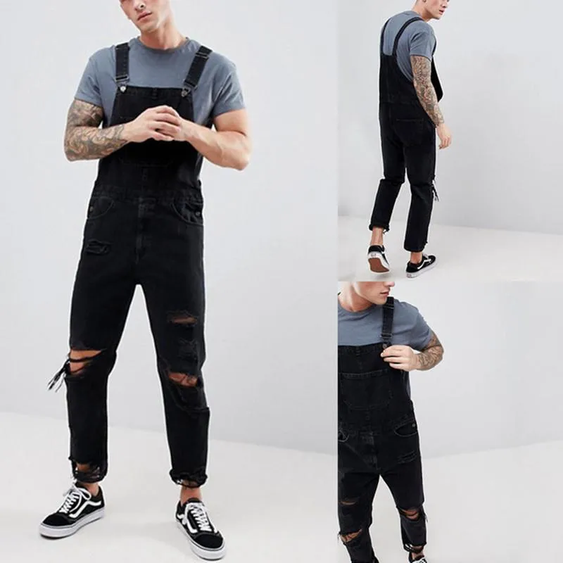 Men's Jeans Rompers Mens Jumpsuit 2021 Fashion Cotton Casual Male Denim Destroyed Ripped Distressed Slim Pants Overalls Plus 205L