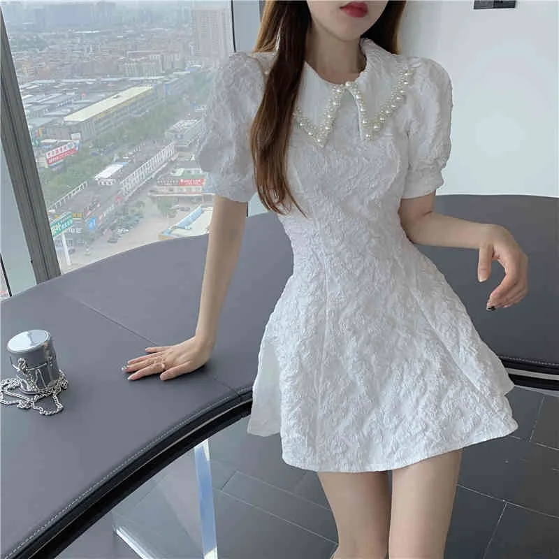 フレンチパール人形襟の半袖ドレス夏スリムフィギュアAワードドレス210522
