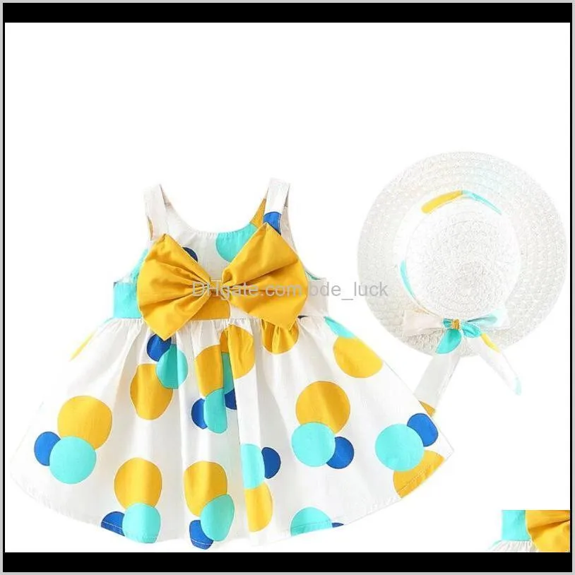 2020 Summer Baby Girls Dresses Newborn Kids Girls Sleeveless Bowknot Dot Tutu Beach Dress Sundress with Hat