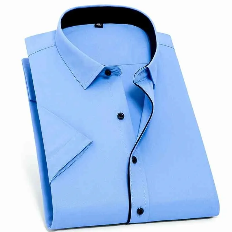プラスサイズ8xl 7xl夏の男性シャツ半袖ファッションソリッドツイルの男性シャツフォーマルなビジネスホワイトカミサマスコリン服210708