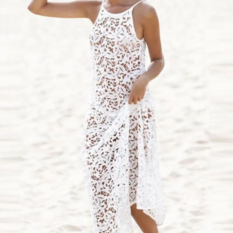 夏の女性レディースレースファッションセクシーな中空アウトホワイトブラウスビーチホリデードレスビキニ水着ロングレディース水着