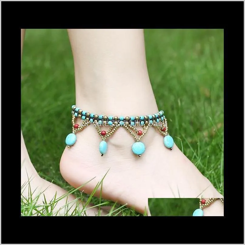 Anklets Jewelry Drop Delivery 2021 National Style Turquoise Hollow Wax Line Anklet Female Bohemian Beach Ornaments 7Cp9X