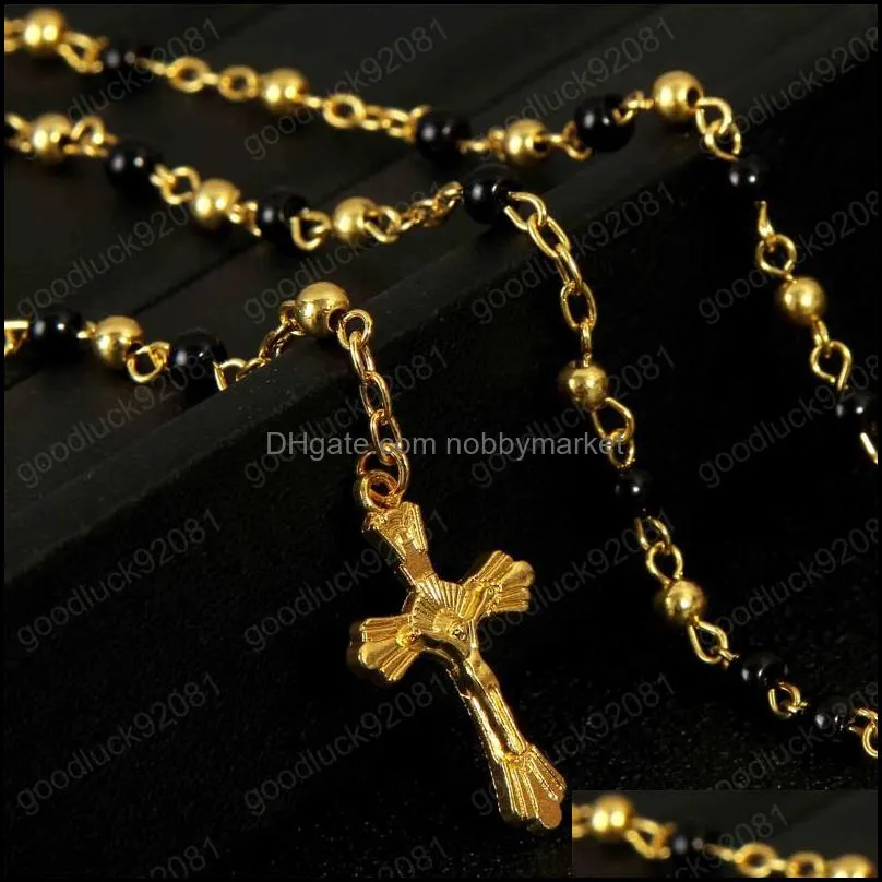 4mm Rosary Stainless Steel Beaded Cross Pendant Chain and Stainless Steel Rosary Jesus Cross Necklace and Pendant Religion