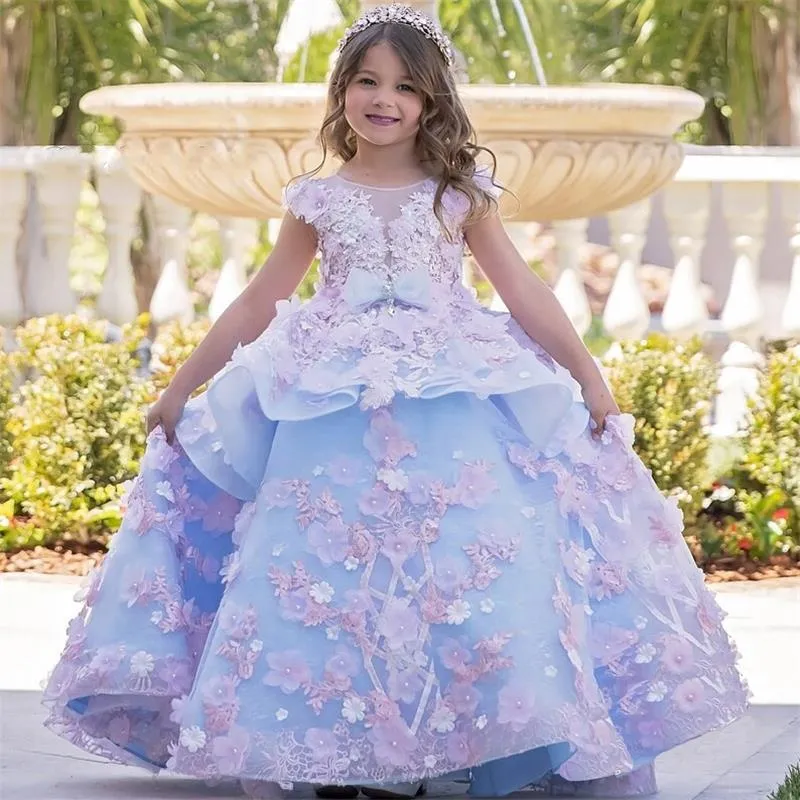 Bella Puff Ball Gown Flower Girls Abiti in pizzo Applique Perline Abiti da spettacolo con fiocco Sash Ruffles Girl's Birthday Party Dress