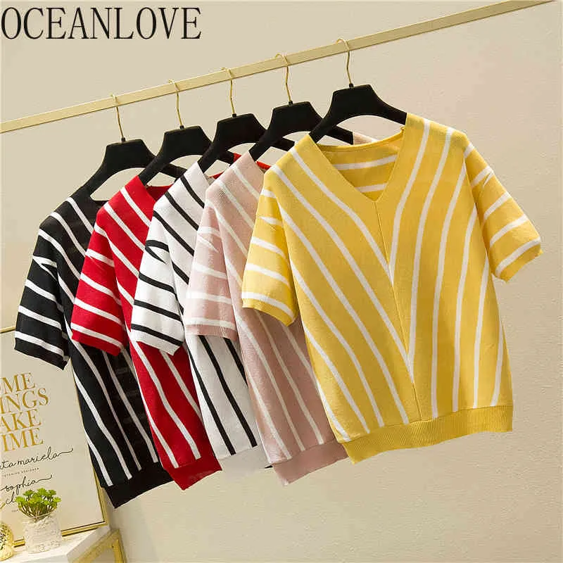 Striped Short Sleeve T Shirt Kvinnor Kvinnor Tunna Pullovers Spring Summer Enkel T-shirt Dam Toppar Tee 14199 210415