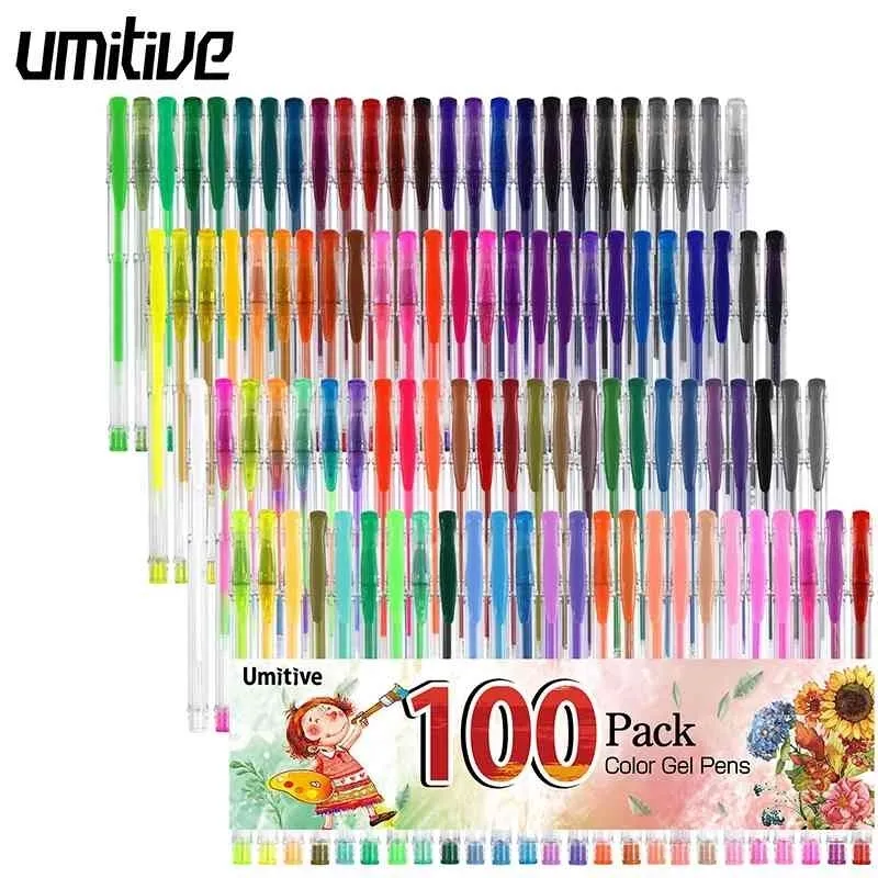 Umitive 100 Kolory Glitter Gel Pens Set Fine Atrament Multicolor dla dorosłych Kolorowanki Książki DIY Craft Scrapbooking Grafika rysunek 210330