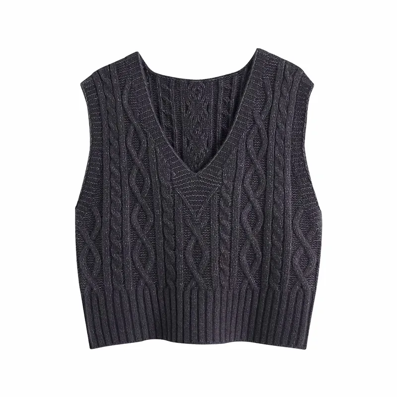 Streetwear Women V-Neck Sweater Tanks Fashion Ladies Grey Twist Knitted Tops Causal Female Chic Short Vest Girl Pullover 210427