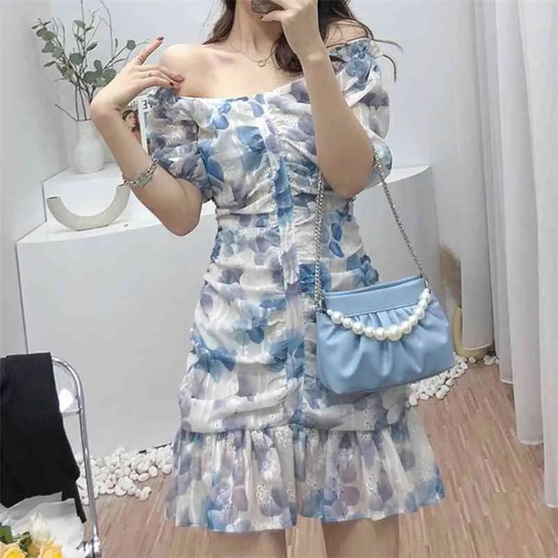 Elegant Short Dress Women Summer Flower Print Sexy V-Neck Puff Sleeve Beach Casual Ruffles Mermaid Mini Female Vestidos 210519