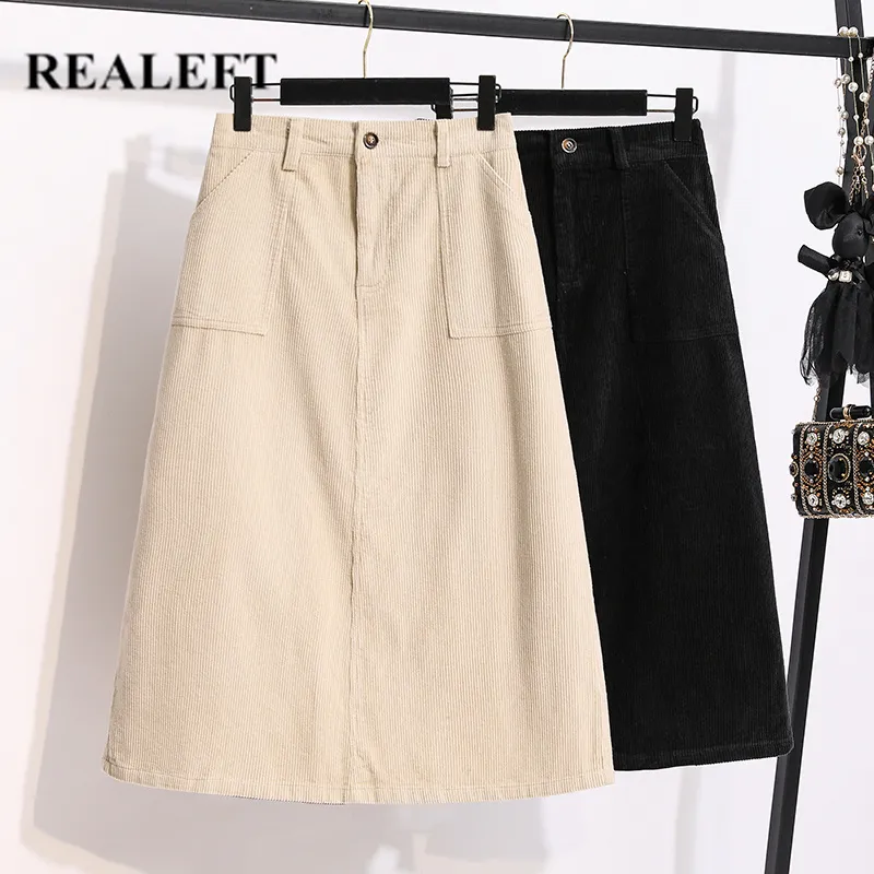 Autumn Corduroy A-line Skirts Women Korean Style High Waist Pockets Ladies Zipper Slim Plus Size Midi Female 210428