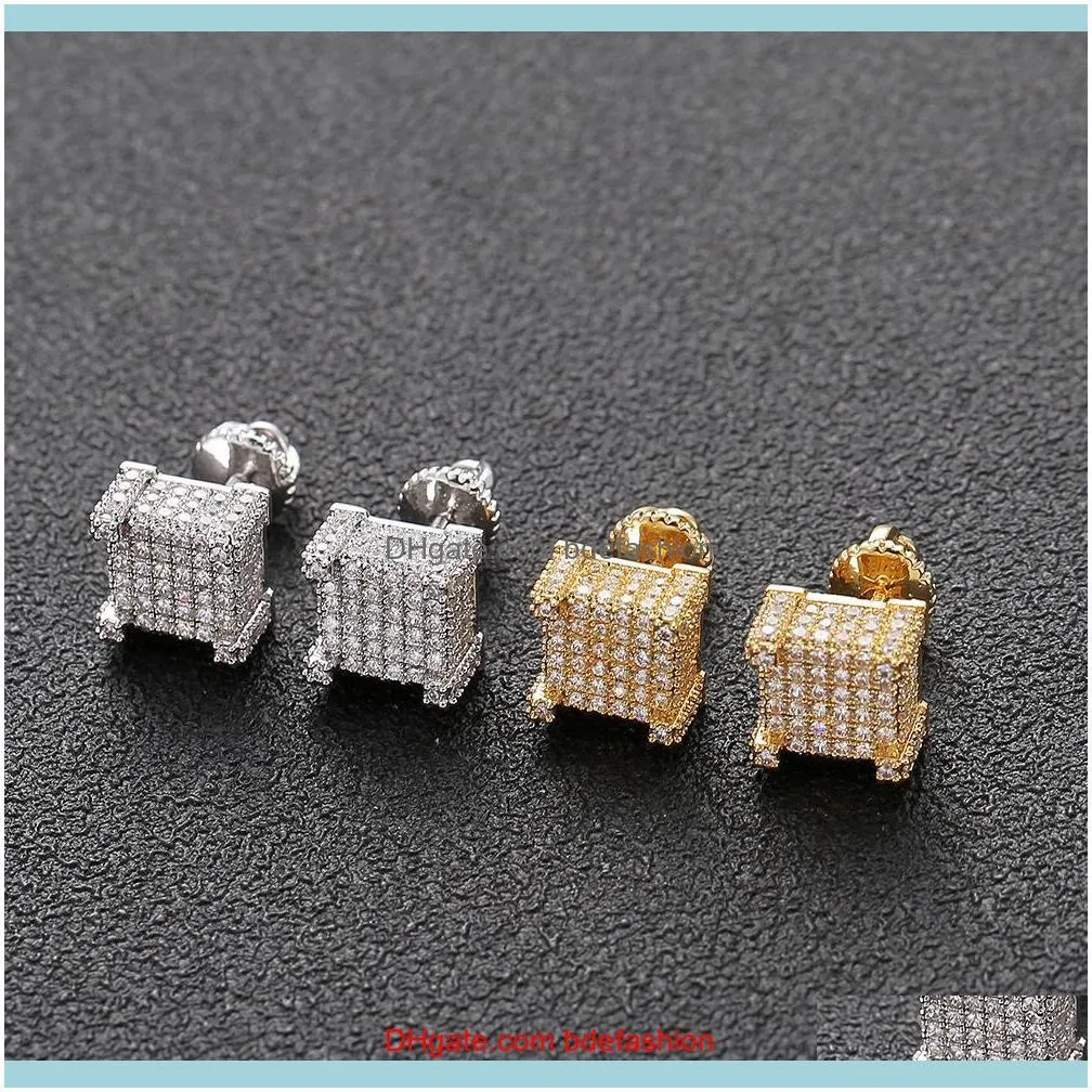 Hip Hop Earrings for Men Gold Silver Iced Out CZ Square Stud Earring With Screw Back Jewelry