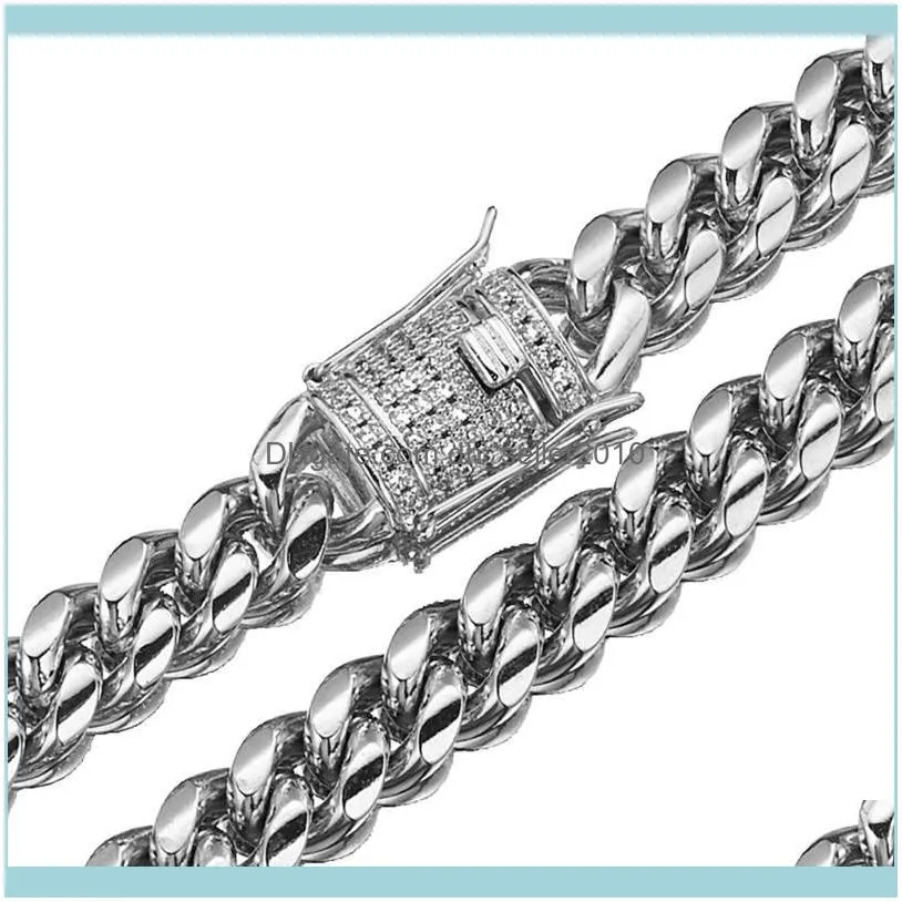 12mm Wide 7-40inch Men`s 316L Stainless Steel Curb Cuban Link Chain Necklace & Bracelet Jewelry With Rhinestone Button Chains