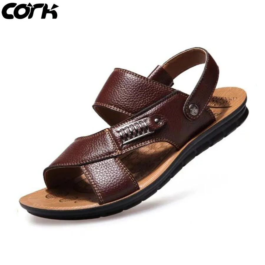 Högsta kvalitet kork män sandaler sommar äkta läder romersk sandaler manliga avslappnade skor strand flip flops män mode utomhus tofflor skor