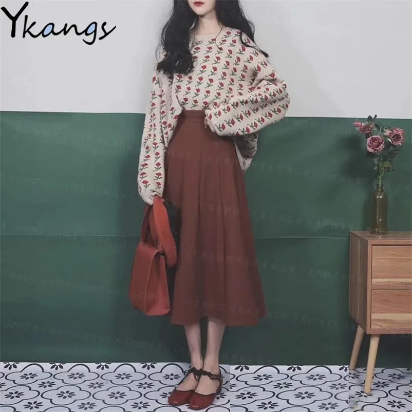 Vintage Women Autumn Winter Plus Size set Rose Flower Long sleeve sweater+red High Waist Pleated skirt Korean Female Sweet suits 210421