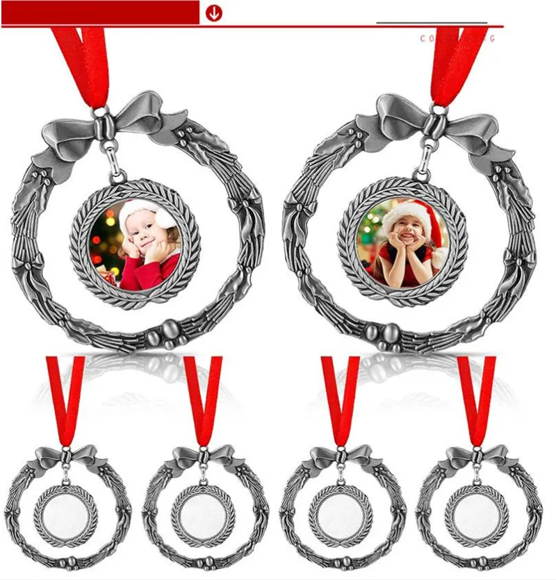 Vintage Sublimation Christmas Ornaments Favor Bow Wreath Xmas Tree Hängande Hängsmycke DIY Bil Inredning Tillbehör Mini Party Gift